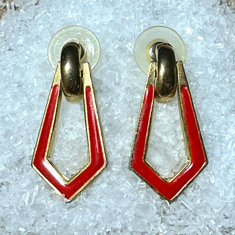 Vintage Red Earrings Gold Tone & Enamel Door Knocker Posts